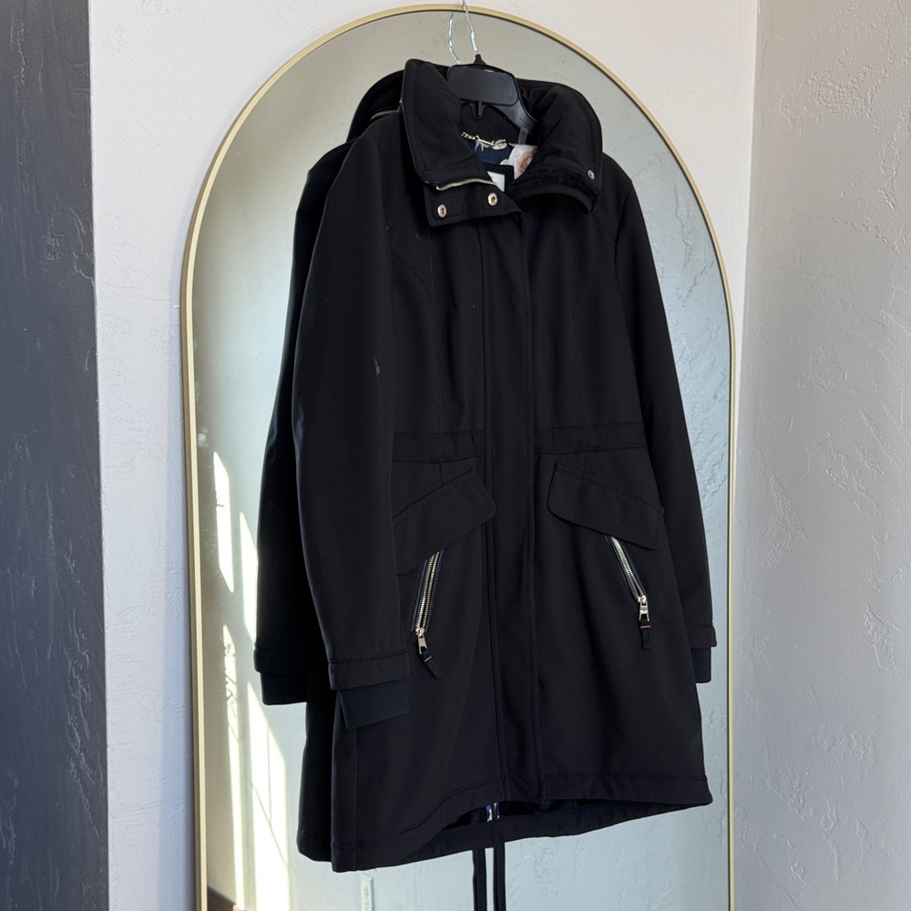 Eliza J Black Trench Coat with Zippered Pockets and Hidden Hoodie